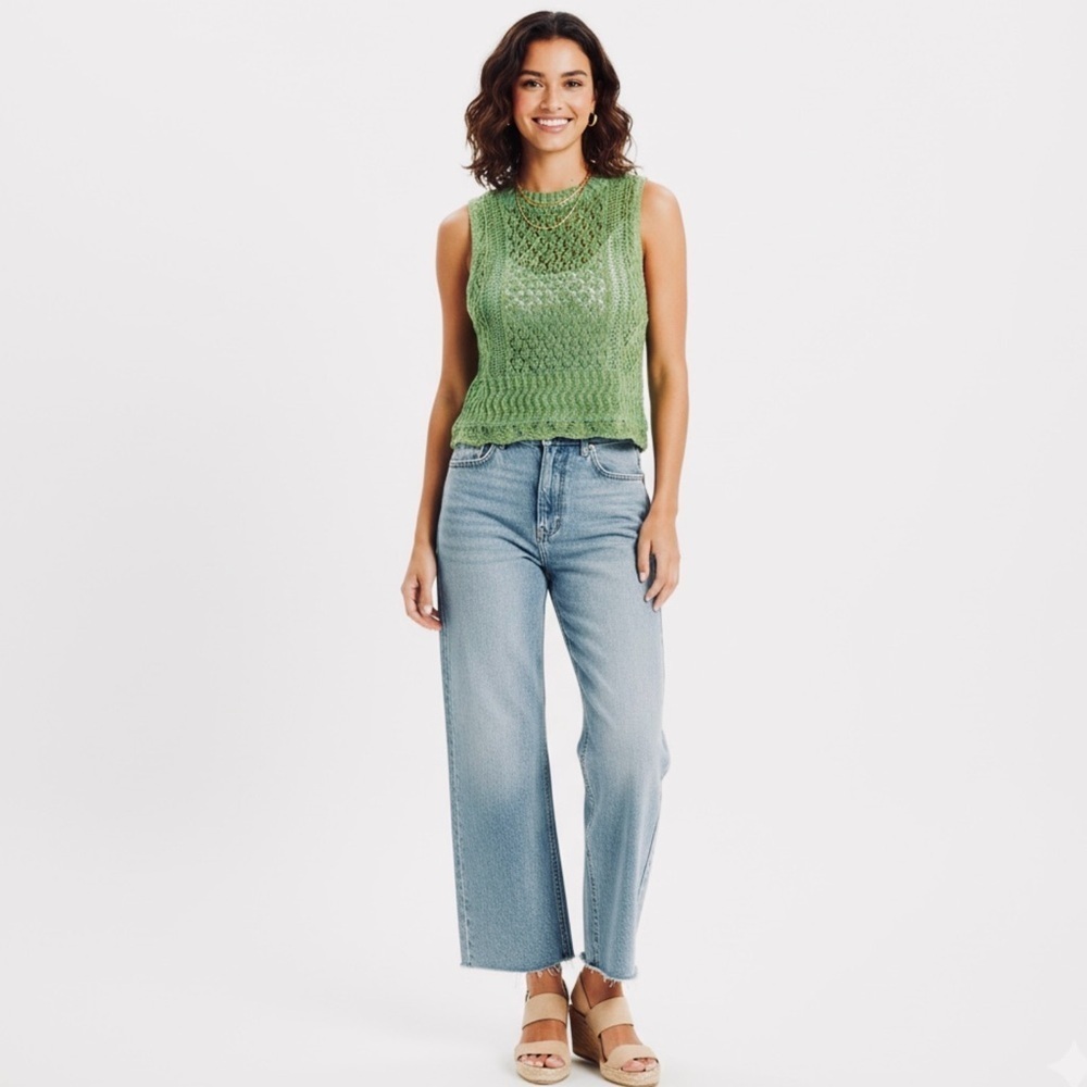 Zara Open-Knit Cropped Sweater Vest - Green/Lime Mix Size Medium